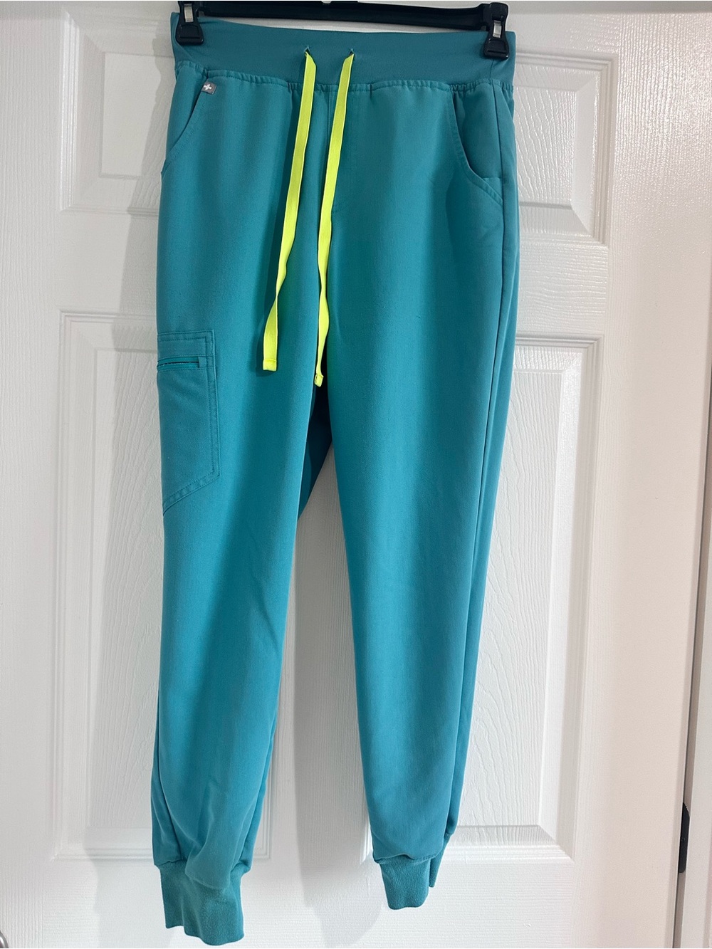 Figs Teal Jogger Sweatpants with Neon Yellow Drawcord